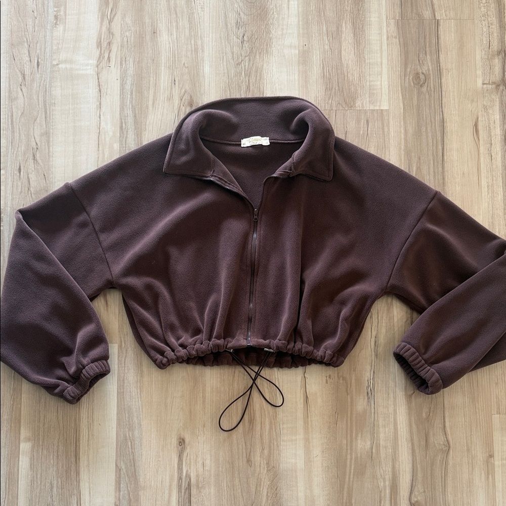 Brown Zip-Up Fleece Cropped Jacket